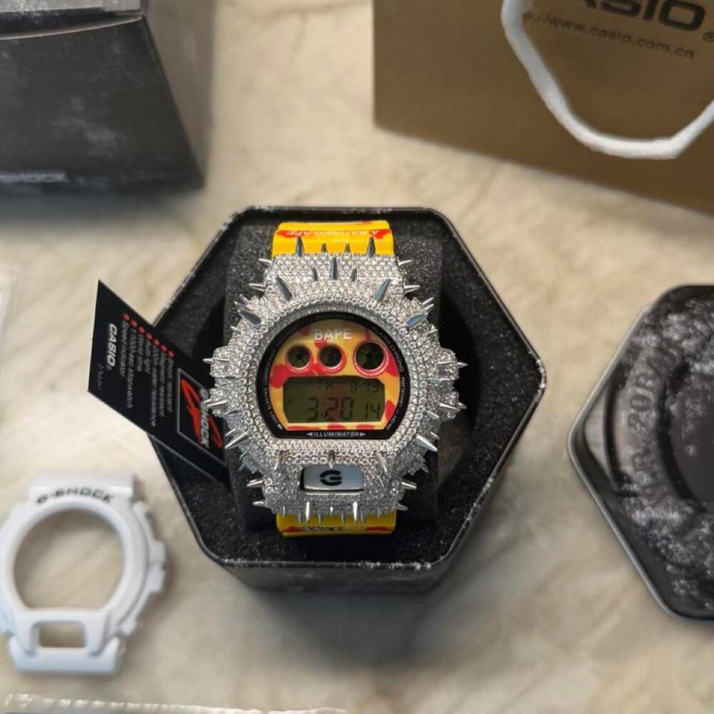 Yellow & Orange Adjustable Graffiti Watch w/ Iced Out Bezel